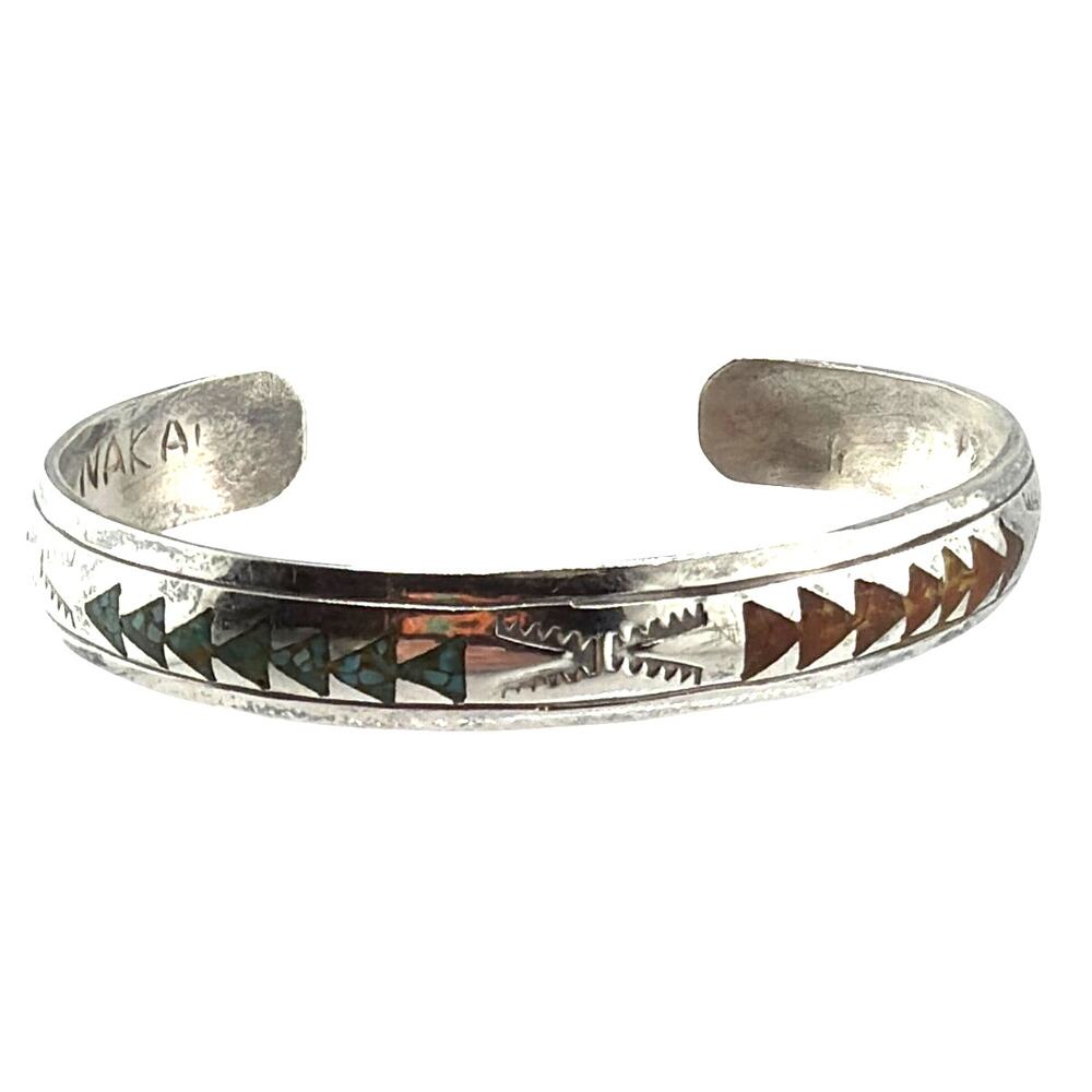 Vintage Nakai Navajo Turquoise and Coral Inlay Bracelet